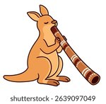 Cartoon kangaroo playing didgeridoo. Funny character, Australian symbol. Vector clip art illustration.