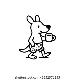 Cartoon kangaroo in swim trunks holding a coffee mug