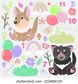 Cartoon kangaroo and Tasmanian devil baby animals character set with rainbows, flowers, plants, numbers, stars and balloons. Australian wild fauna collection for children.