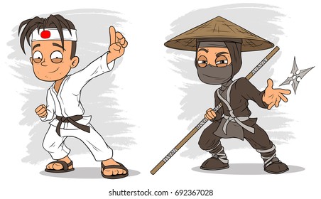 Cartoon karate boy and masked ninja with stick characters vector set