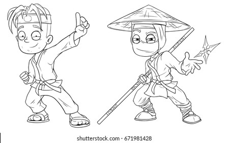 Cartoon karate boy and ninja black and white character vector set for coloring