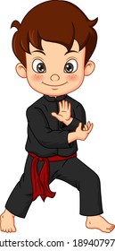 Cartoon karate boy wearing kimono training karate