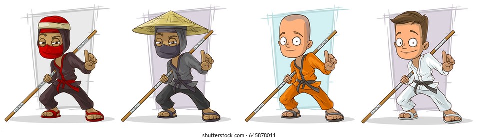 Cartoon karate boys and ninjas with wooden stick character vector set