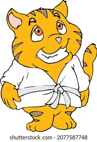 Cartoon Karate Fat Cat Feline White Belt Character Mascot Isolated Vector