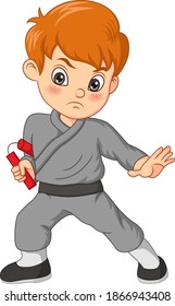 Caricatura de un niño karate sosteniendo nunchaku