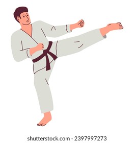 Cartoon karate people.Karate fighter. Japanese wrestler in kimono uniform.Taekwondo character.Isolated on white background.Vector flat illustration.