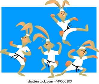 Cartoon karate rabbits set vector illustration