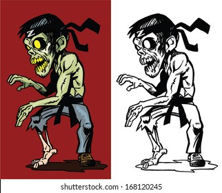 cartoon karate zombie - partially rotten but cheerful