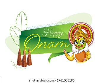 Cartoon Kathakali Dancer Drinking Coconut Water with Showing Happy Onam Ribbon, Line Art Banana Leaves and Thrikkakara Appan Idol on White Background.