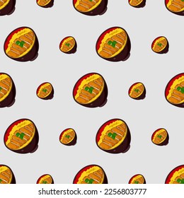 cartoon katsudon, japanese food seamless pattern on colorful background

