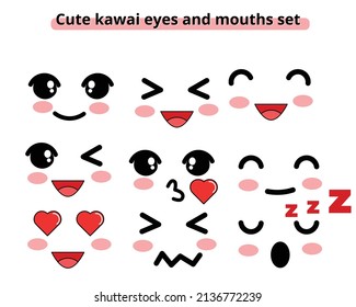 Cartoon Kawai Eyes And Mouths. Cute Emoticon Emoji In Japanese Style. Vector Emoticon Kawaii Japanese Anime Illustration