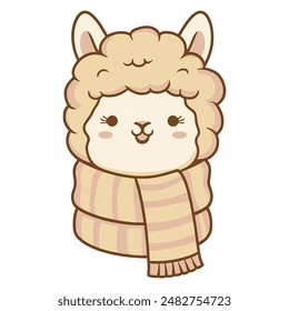 dibujo animado kawaii alpaca usando una acogedora bufanda de lana