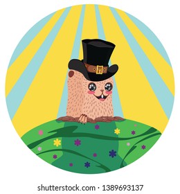 Cartoon kawaii animal, groundhog day greeting illustration.