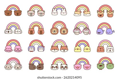 Desenhos animados kawaii animais com rostos de arco-íris bonitos em estilo de contorno para crianças livros, aprendizagem, decoração e projetos educacionais