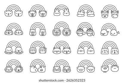 Cartoon kawaii animals with cute rainbow faces in outline style for kids books, learning, decoration and educational projects