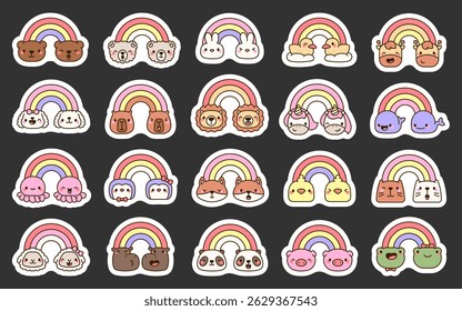 Cartoon kawaii animals with cute rainbow faces in outline style for kids books, learning, decoration and educational projects
