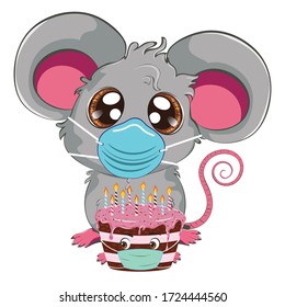 Cartoon kawaii anime grey mouse or rat in face mask with chocolate cake design.