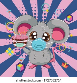 Cartoon kawaii anime grey mouse or rat in face mask with chocolate cake design.