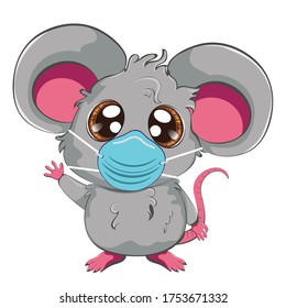 Cartoon kawaii anime grey mouse or rat in face mask design.