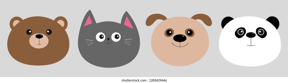 Cartoon kawaii baby bear, cat, dog, panda. Animal head face icon set. Cute cartoon kawaii character. Flat design. Isolated. Gray background. Vector illustration