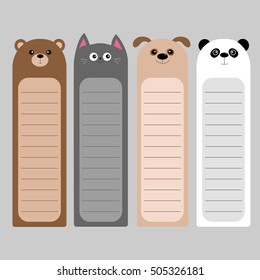 Cartoon kawaii baby bear, cat, dog, panda. Animal head set. Bookmark paper sticker collection. Notepad template. Flat design. Gray background. Vector illustration