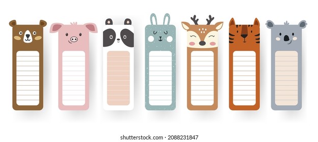 Cartoon kawaii baby bear, pig, tiger, panda. Animal head set. Bookmark paper sticker collection