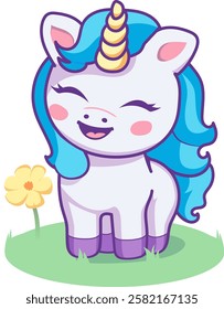 Cartoon kawaii baby Unicorn with blue hair, mane, laughs on green grass with flower.