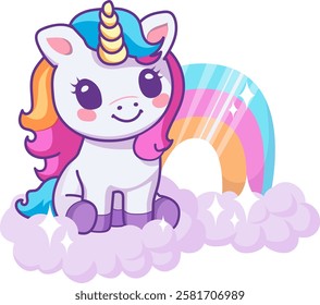 Cartoon kawaii baby Unicorn sits on a cloud with rainbow, isolated in pastel colors. Kawaii children's print, poster, elememt for design of clothing, textiles, rooms.