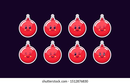 Cartoon Kawaii Ball toy, Christmas Sticker set. New Year and Xmas Cute set of red glass Ball, Noel decoration with emotions. Festive Character with expressions, vector illustration