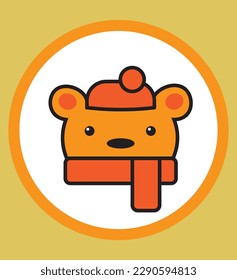Cartoon kawaii bear in a woolen hat and scarf, in a circle, orange colors, vector illustration