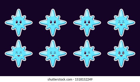 Cartoon Kawaii Blue Star, Christmas Sticker set. New Year and Xmas collection of Cute Star with 8 rays, different emotions. Festive Character with expressions, vector illustration