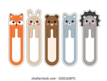 Cartoon kawaii bookmarks with animals. Bookmark paper sticker collection in flat design. Vector illustration