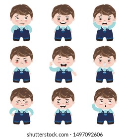 Cartoon kawaii boy in different emotions set.