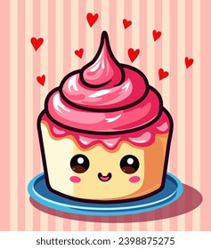 Cartoon kawaii cake icon. Сute sweet dessert in kawaii style with smiling face and pink cheeks for sweet design. Cake, muffin, cupcake. Vector illustration