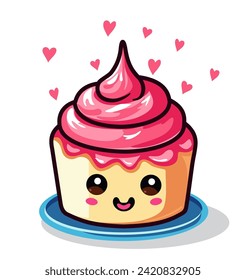 Cartoon kawaii cake icon. Сute sweet dessert in kawaii style with smiling face and pink cheeks for sweet design. Cake, muffin, cupcake. Vector illustration isolated on a white background