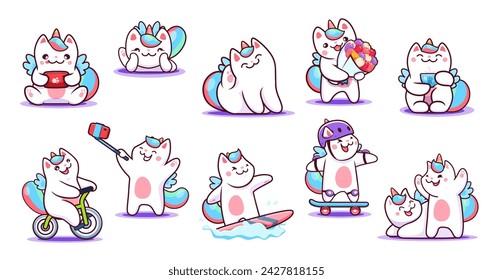 Cartoon Kawaii Katzenjacke und Kätzchen Haustier Charaktere. Nette Einhorn Katze Tiere Vektor Personen Surfen, Reiten Fahrrad und Skateboard, Selfie und SMS mit dem Handy. Caticorns-Set