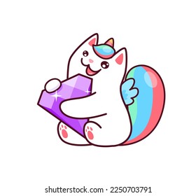 Cartoon kawaii caticorn with diamond. Cute vector unicorn cat holding huge precious gemstone. White funny caticorn magic kitty character with colorful tail hold purple gem stone. Fairy tale kitten