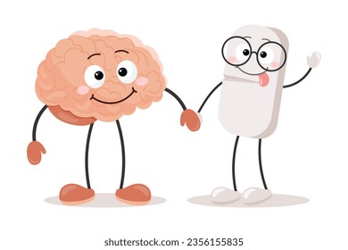 Cartoon kawaii character brain holding hands with medical pill. A cheerful mind gets help with anti-stress medications. Medicine and healthcare. Vector