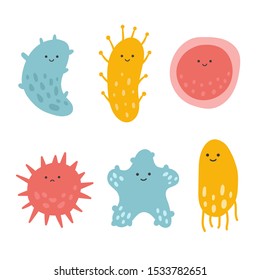Cartoon kawaii character virus set. Vector illustration flu bacteria and microbe. Cute smile microbiology organism on white background. For design, concept, promotion and children book