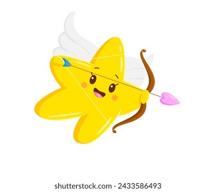 Caricatura kawaii querubín cupido personaje estrella. Vector aislado adorable, pequeño ángel de centelleo regordete con alas mágicas blancas, ojos brillantes y sonrisa dulce, sosteniendo una flecha con la punta del corazón, esparciendo amor