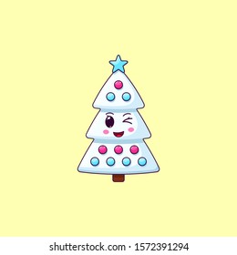 Cartoon kawaii Christmas tree with Winking face. Cute white Christmas tree with decorations, Childish Character with Cheerful emotion. Vector illustration