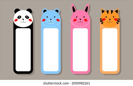 Cartoon kawaii cute bookmarks with animals. Bookmark paper sticker collection in flat design. Vertical layout card templates. Stationery for kids.