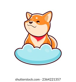 Cartoon kawaii cute pet shiba inu dog and puppy character perched on a fluffy cloud. Adorable vector japanese pup exuding charm with its innocent eyes and playful expression, pure joy and innocence