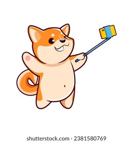 Cartoon kawaii linda mascota shiba inu perro y personaje de cachorro toma un selfie. Pasta y cola agarrada de un pequeño gavillo vectorial aislado, capturando un momento juguetón lleno de encanto furtivo y expresión deliciosa