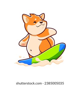 Cartoon kawaii linda mascota shiba inu perro y personaje de cachorro surfeando en el mar. Vector juguetón de ondas de cabalgatas, captando emoción del océano mientras se balancea en una tabla de surf, mostrando espíritu aventurero