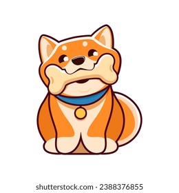 Cartoon kawaii linda mascota shiba inu perro y personaje de cachorro se sienta dulcemente con un hueso, sus ojos brillan con emoción. Captura de imagen vectorial reconfortante que capta al amigo peludo leal y juguetón