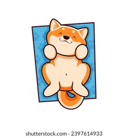 La caricatura kawaii linda mascota shiba inu perro y personaje de cachorro se sienta cómodamente en una alfombra acogedora, con los ojos cerrados y una expresión serena, disfrutando de un momento pacífico. Perro desenfadado vectorial aislado