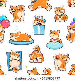 Cartoon kawaii cute pet shiba inu puppy dogs seamless pattern. Vector tile background with adorable canine animals showcasing their playful antics and charming expressions in delightful repeat design