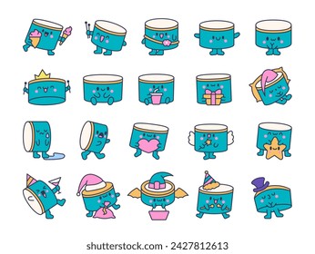 Cartoon kawaii drum character with sticks. Funny musical personage with drumsticks. Hand drawn style. Vector drawing. Collection of design elements.