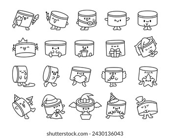 Cartoon kawaii drum character with sticks. Coloring Page. Funny musical personage with drumsticks. Hand drawn style. Vector drawing. Collection of design elements.